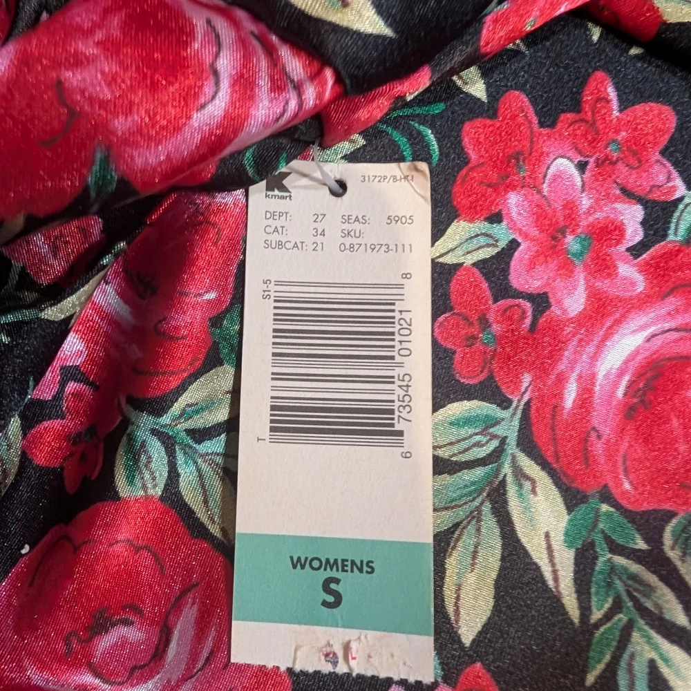 New Women's Pink K Robe Lingerie Tie Waist Flowers‎ Black Pink Roses Size Small